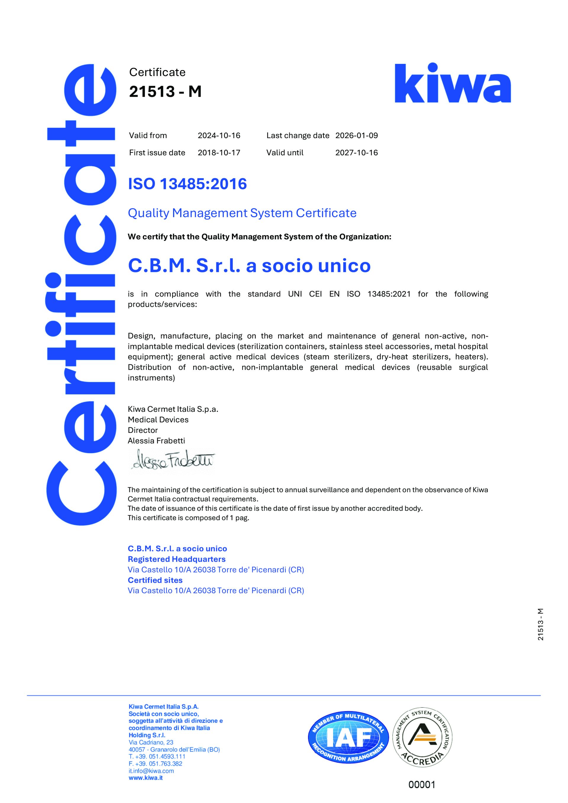 Certificate Kiwa UNI CEI EN ISO 13485:2021